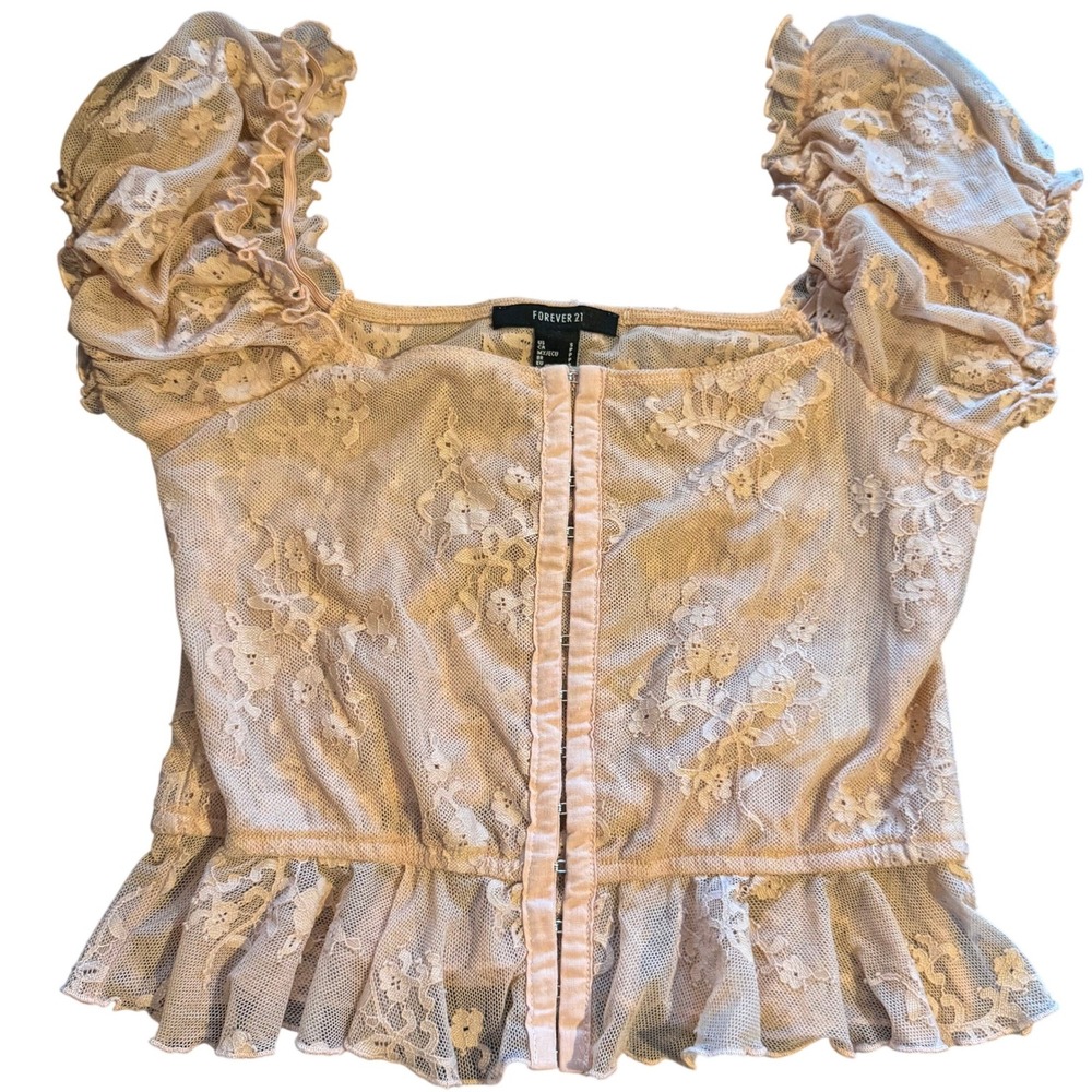 Sheer Lace Milkmaid Top S Peach Peplum Puff Sleeve Coquette Corset Fairy Pastel - Picture 7 of 9